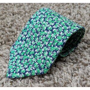 Brooks Brothers Neck Tie Mens Green Blue Floral Made in New York USA Cotton Silk